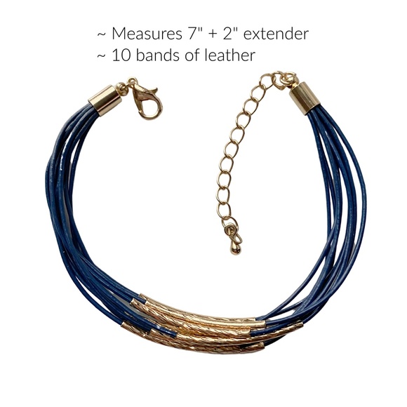Leather Bracelet in Navy Blue with Gold Accents - Picture 2 of 2